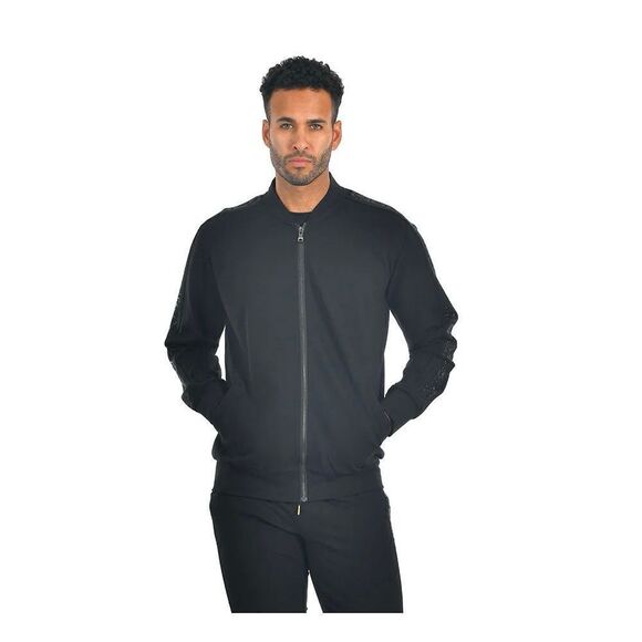 Barabas Men’s Black Greek Fret Monochromatic Rhinestone Tuxedo Sleeve Stripe Zip - Picture 11 of 12